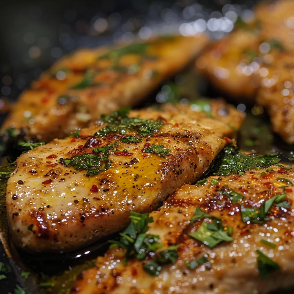 Vista lateral de un plato de Pollo a la Plancha preparado con limones.