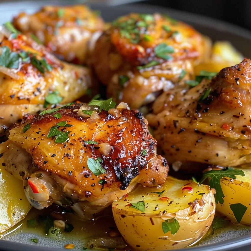 Close-up of a plate featuring Pollo al ajillo with potatoes, garnished with parsley.