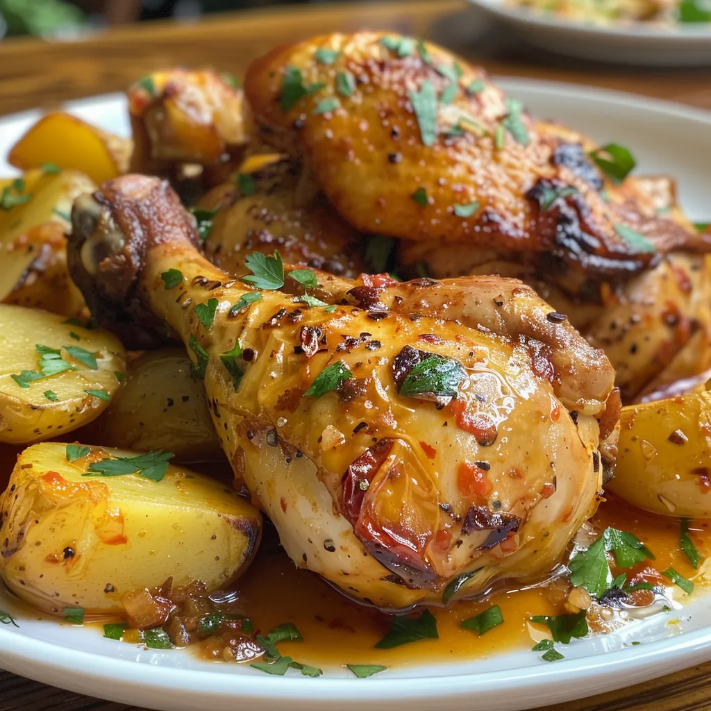 Juicy chicken thighs in garlic sauce served with golden potatoes, captured from the side.