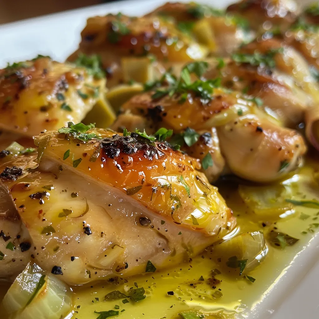 Primer plano de Pollo al ajillo con ajos y cebolla visibles.