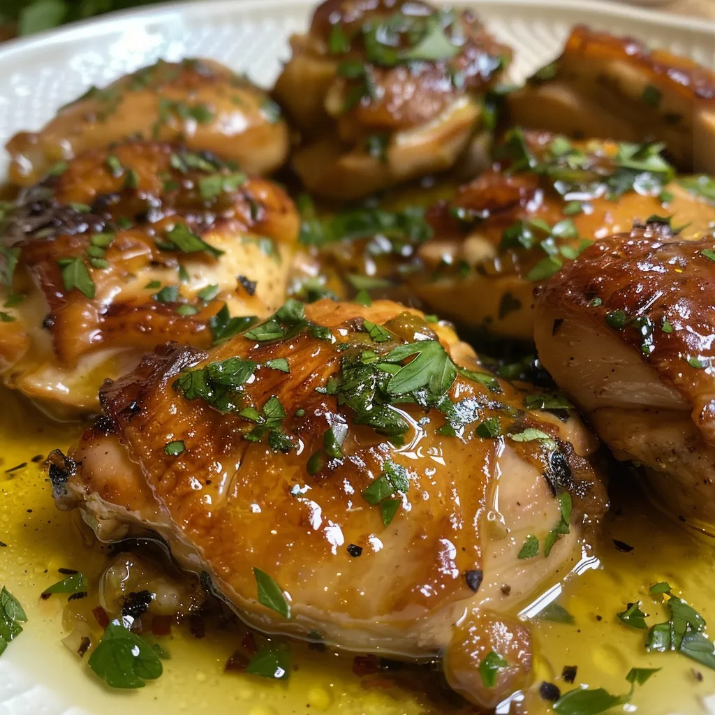 Primer plano de Pollo al Ajillo EXPRESS, jugoso y dorado.