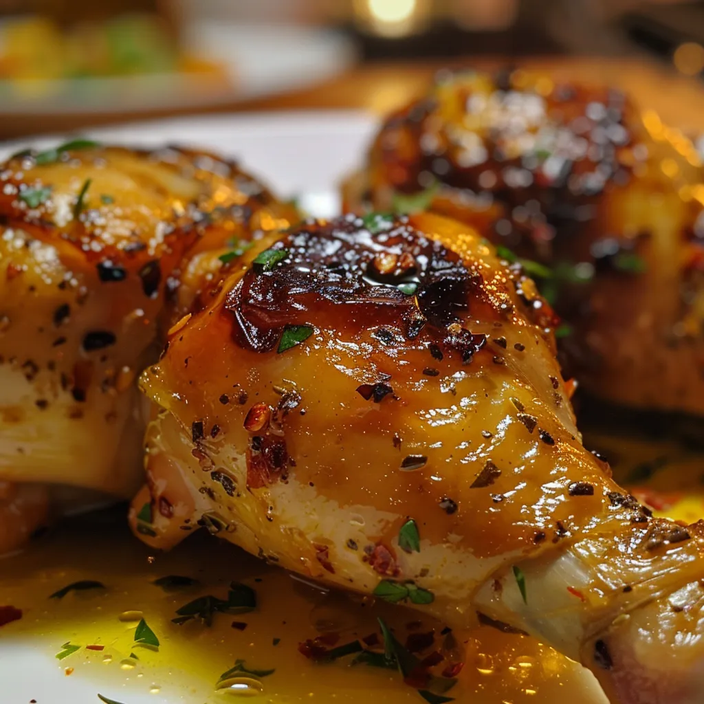Close-up of juicy Pollo al ajillo with garlic and herbs.