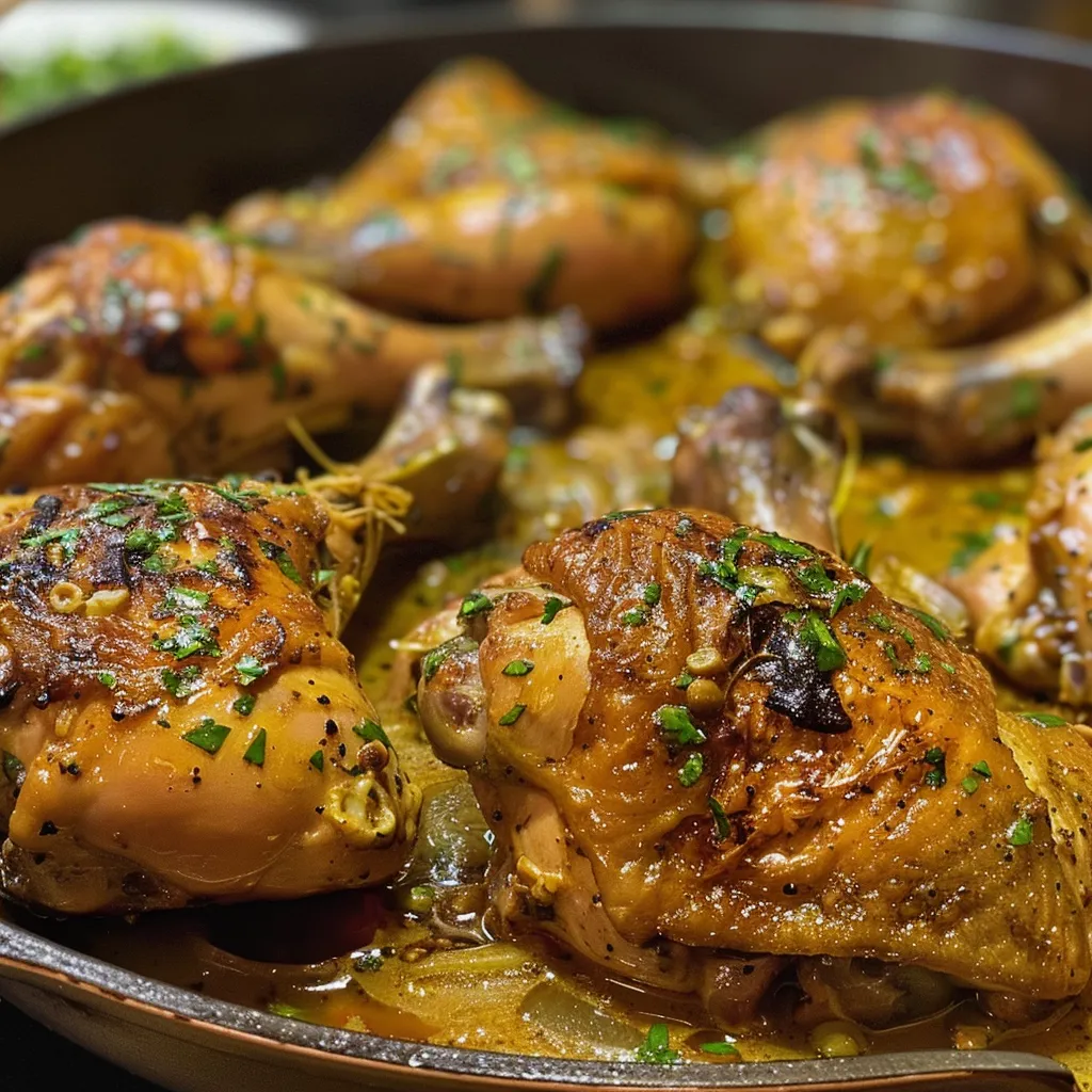 Pollo al ajillo en un plato, mostrando trozos dorados y ajos.