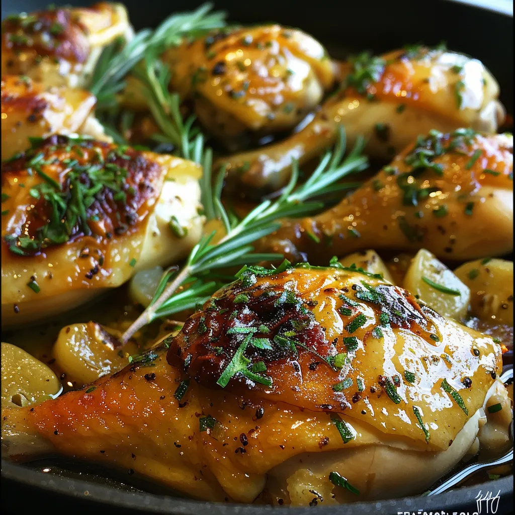 Primer plano de Pollo al ajillo con ramitas de tomillo fresco.