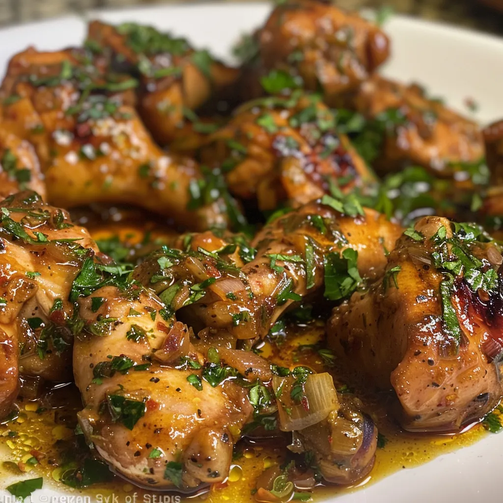 Pechugas de pollo al ajillo en un plato, con ajo y hierbas frescas.