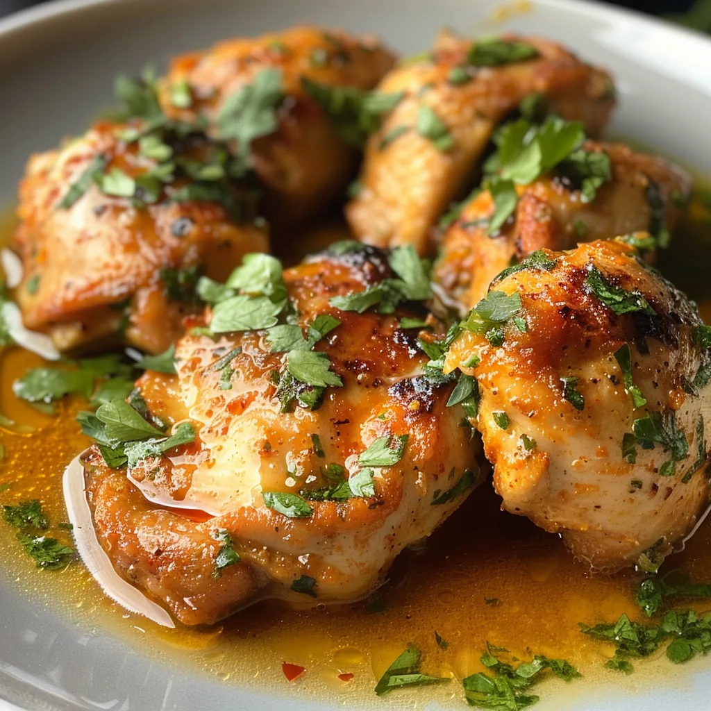 Primer plano de Pollo al ajillo con dientes de ajo y perejil.