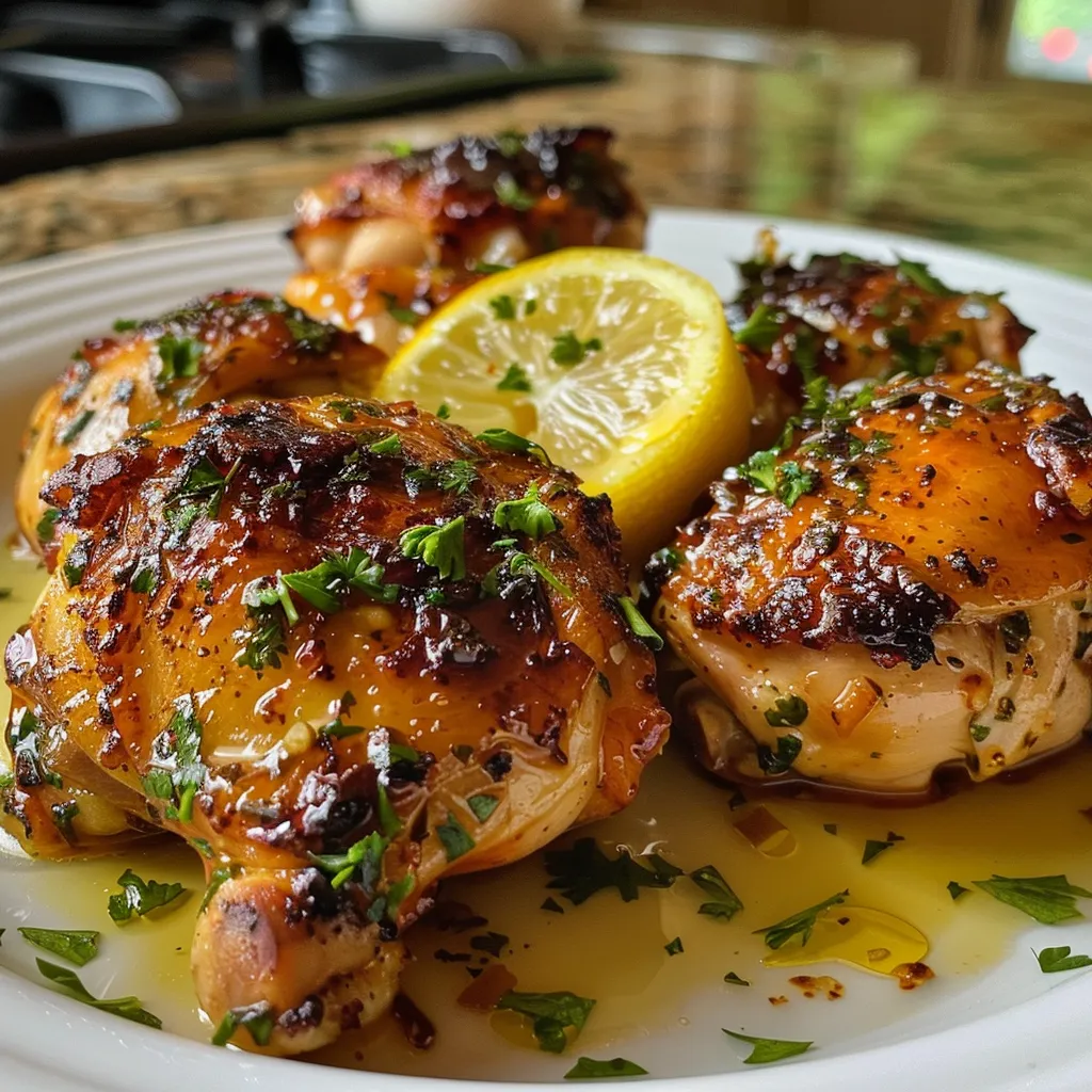 Placa de Pollo al Ajo y Limón con un fondo claro.