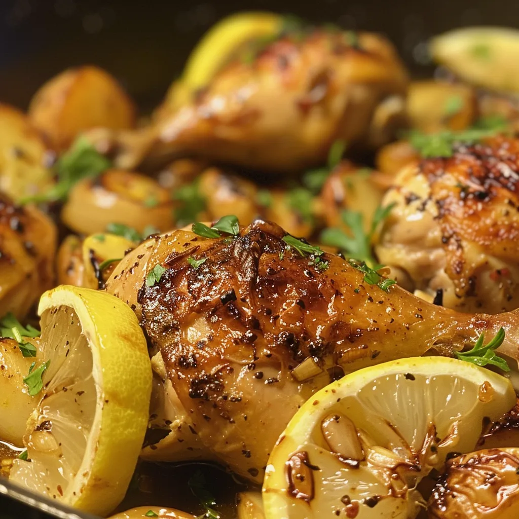 Pechugas de pollo sazonadas con ajo y limón en un plato.
