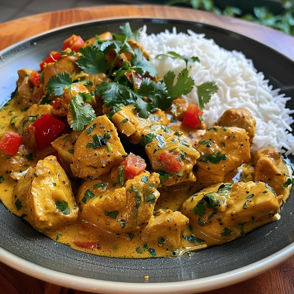 Primer plano de Pollo al Curry Cremoso servido en un plato.