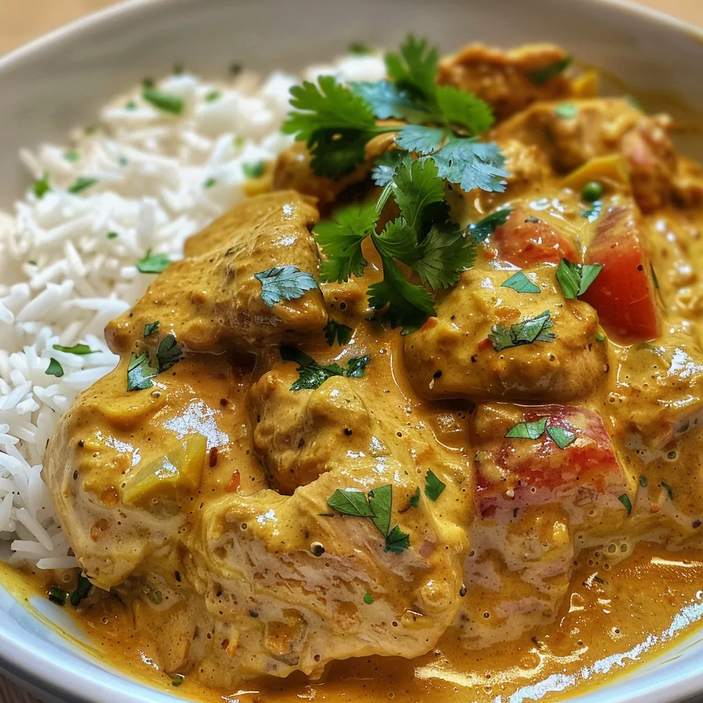 Vista lateral de Pollo al Curry Cremoso con ingredientes frescos alrededor.