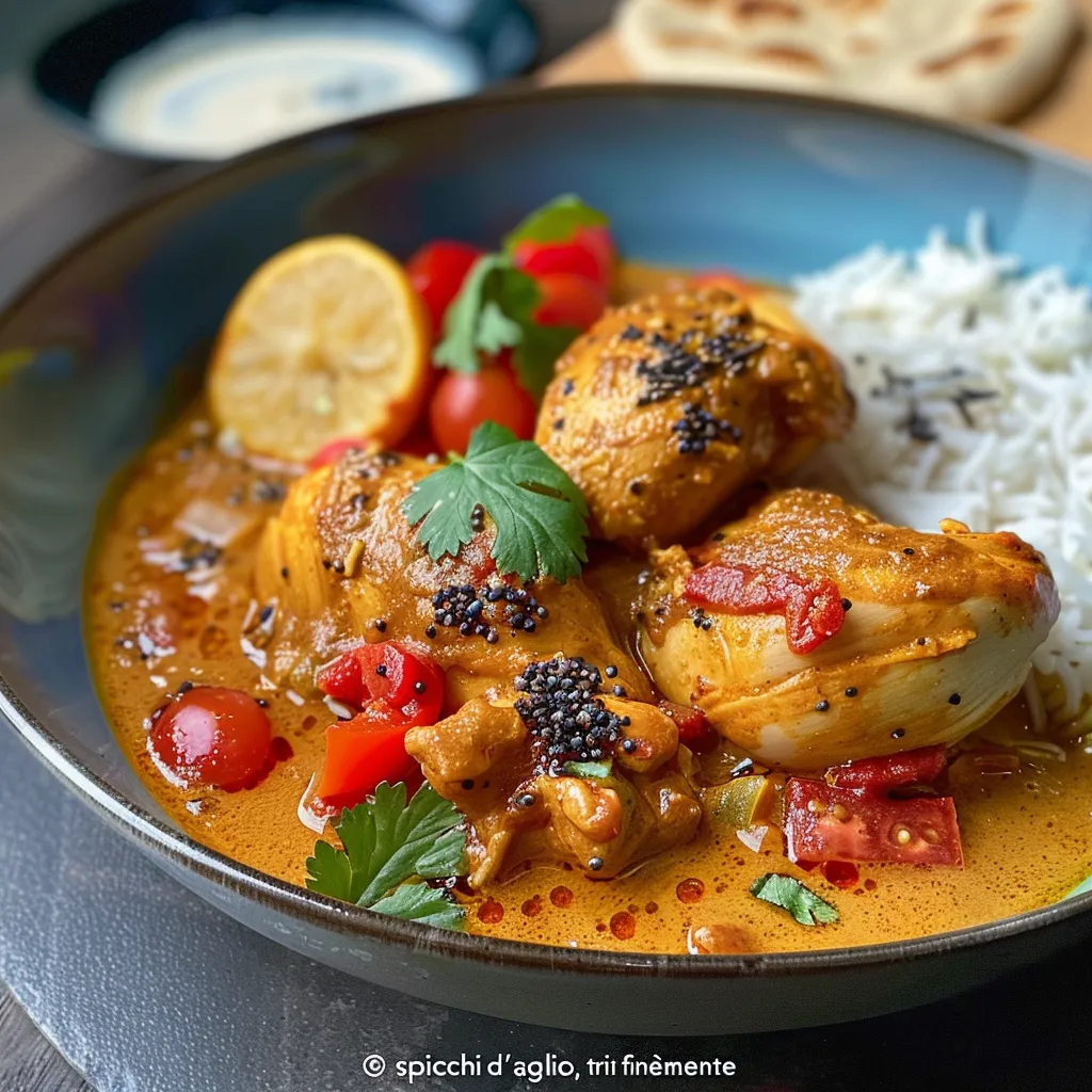 Close-up view of juicy Pollo al Curry with spices and herbs.