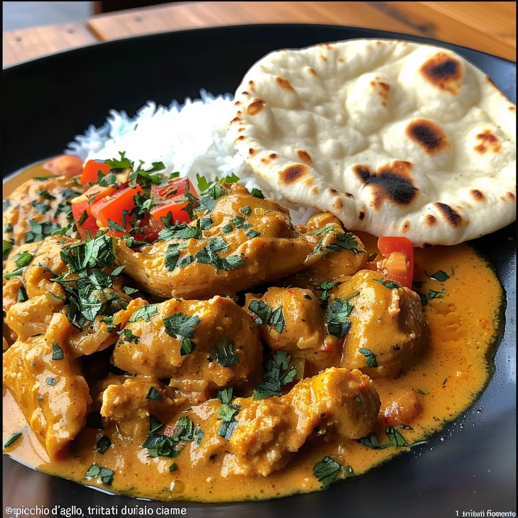 Primer plano de pechugas de pollo al curry, acompañadas de arroz.