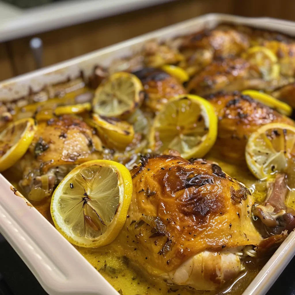 Pollo al horno con limón dorado y jugoso, acompañado de papas.