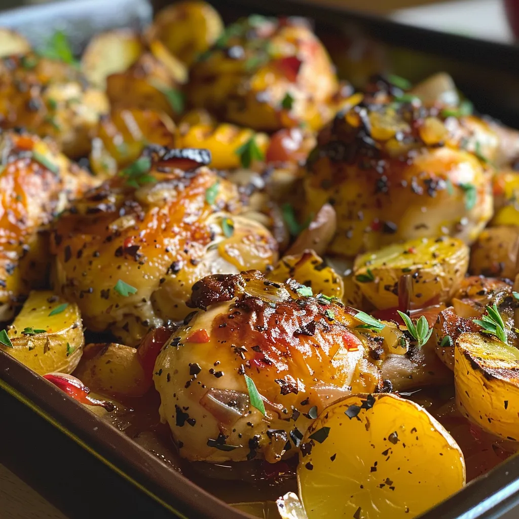 Plato de pollo al horno con patatas, cebolla y ajo.