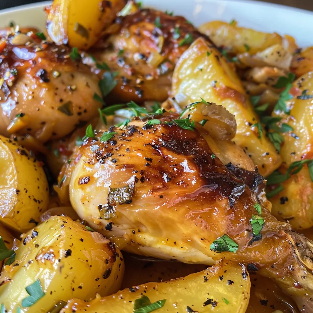 Vista lateral de pollo jugoso y patatas al horno, decorado con cebollas y cítricos.
