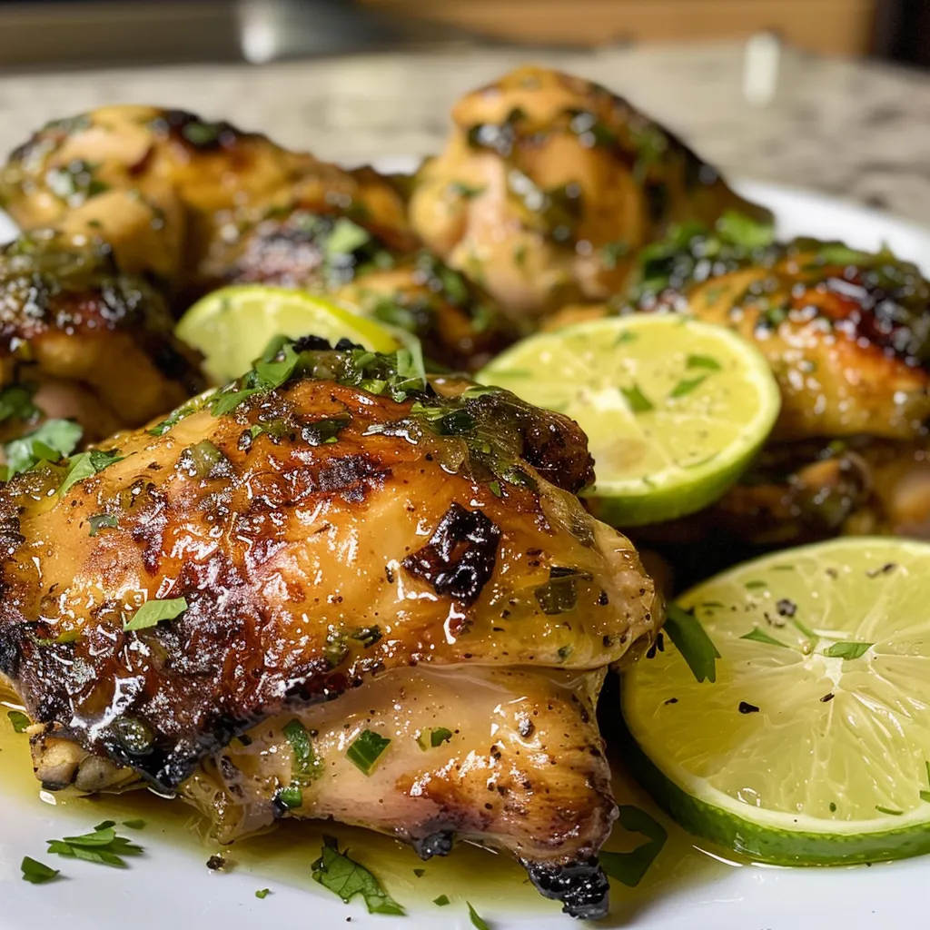 Primer plano de Pollo al limón jugoso en un plato blanco.