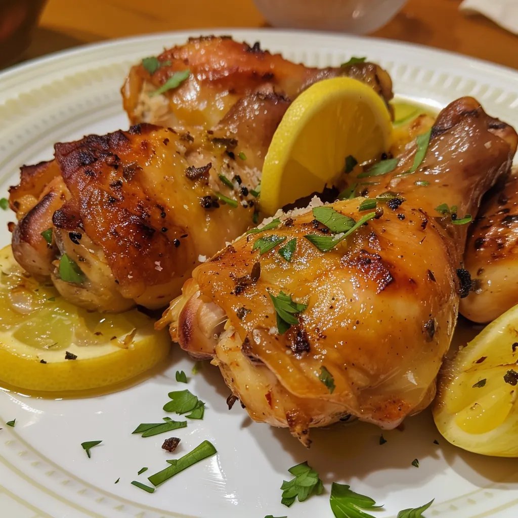 Vista lateral de Pollo al limón bien presentado con rodajas de limón.