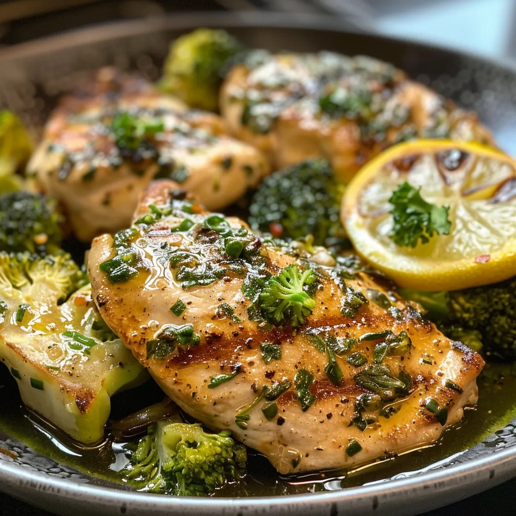 Primer plano de Pollo al sartén con limón, mostrando su jugosidad.