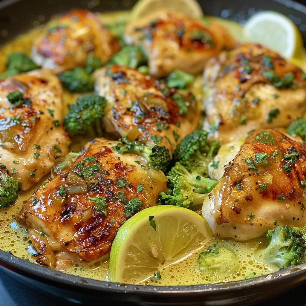 Vista lateral de un plato de Pollo al sartén con limón, con ingredientes frescos.