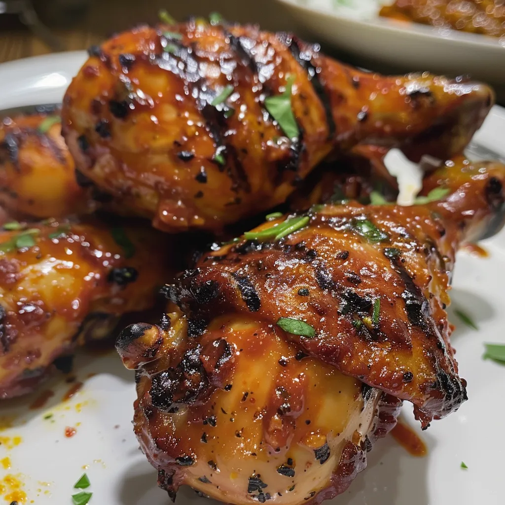 Primer plano de pollo BBQ jugoso con piel dorada.