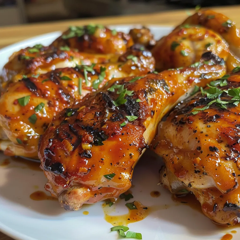 Vista lateral del pollo BBQ con salsa brillante.
