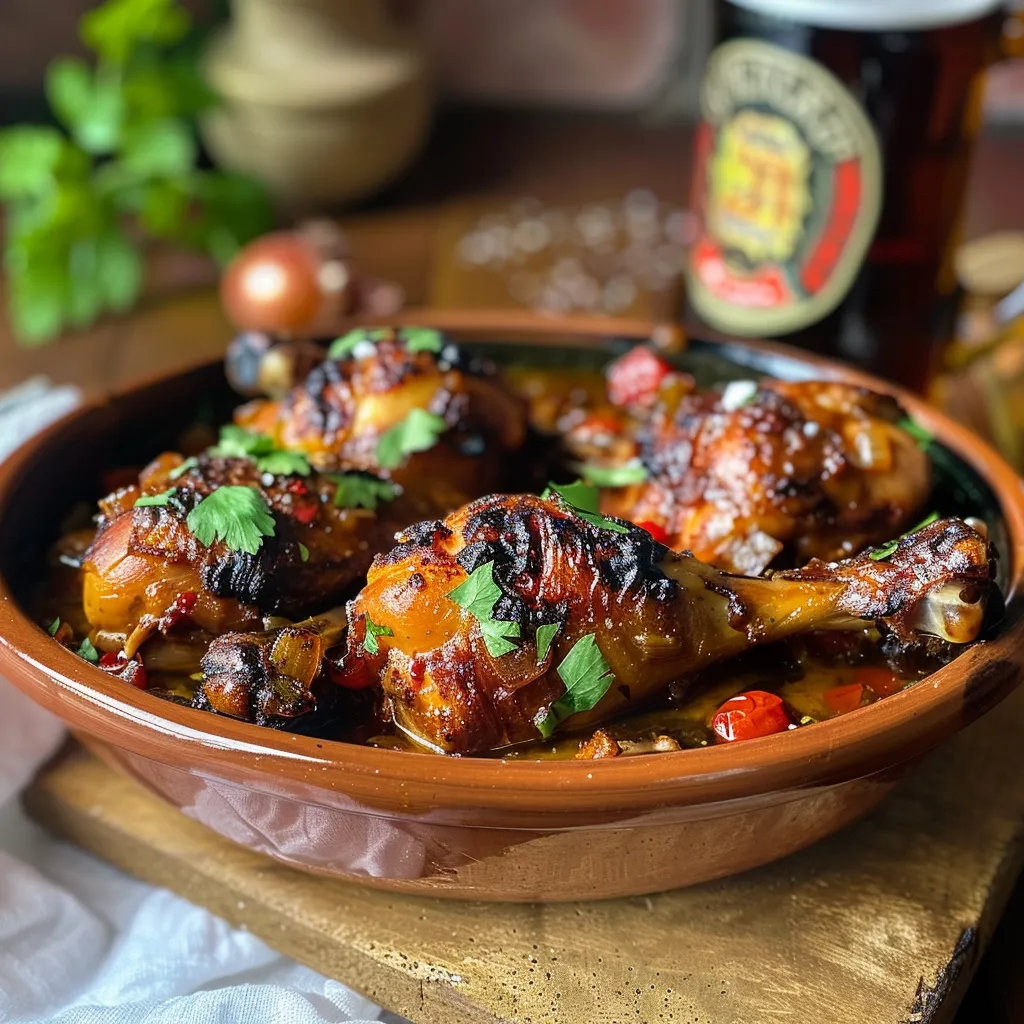Close-up of juicy pollo con cerveza garnished with fresh parsley.