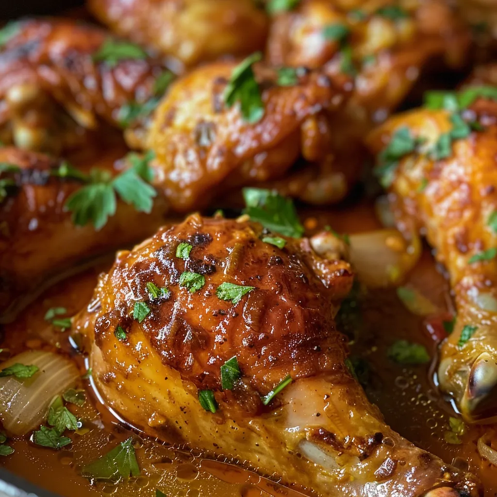 Side view of tender chicken thighs cooked in beer with colorful vegetables.