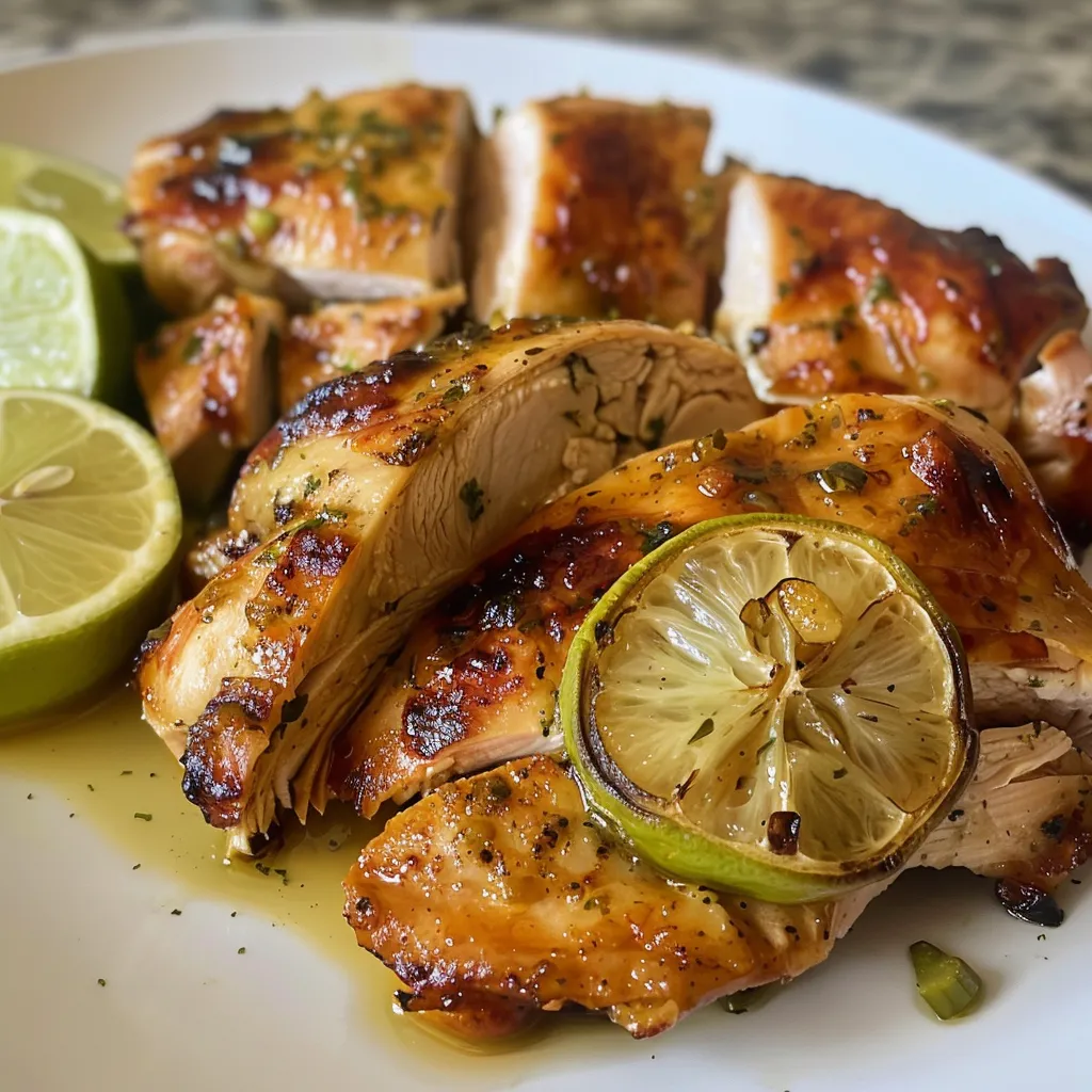 Pechugas de pollo con limón en un plato, mostrando su jugosidad y textura dorada.
