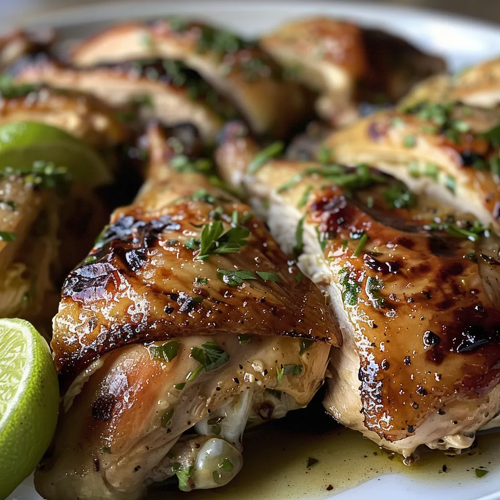 Primer plano de Pollo con Limón, presentado con alcaparras y perejil fresco.