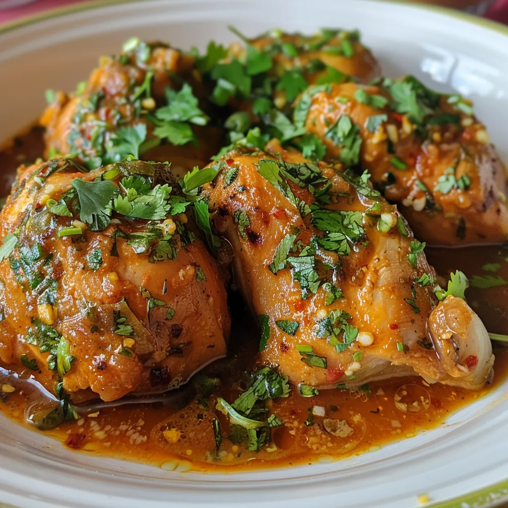 Pechugas de pollo cubiertas con salsa cremosa de limón y cilantro en un plato.