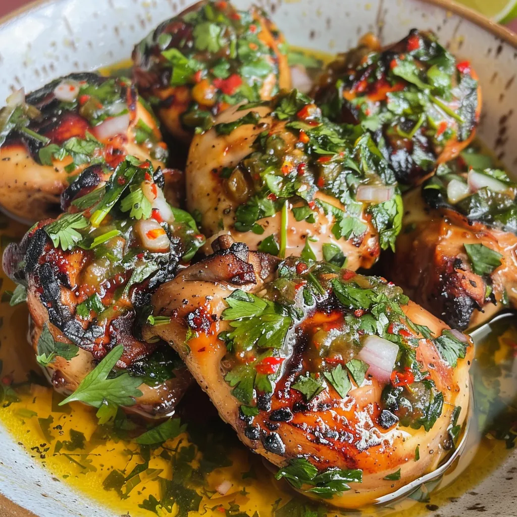 Primer plano de pollo en salsa cremosa, con cilantro fresco adornando el plato.