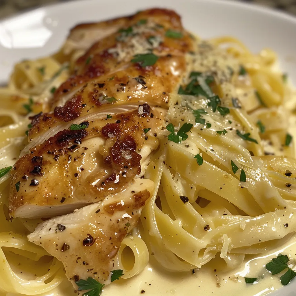 Pollo con Salsa Cremosa servido en un plato, con fettuccine y decorado con perejil fresco.