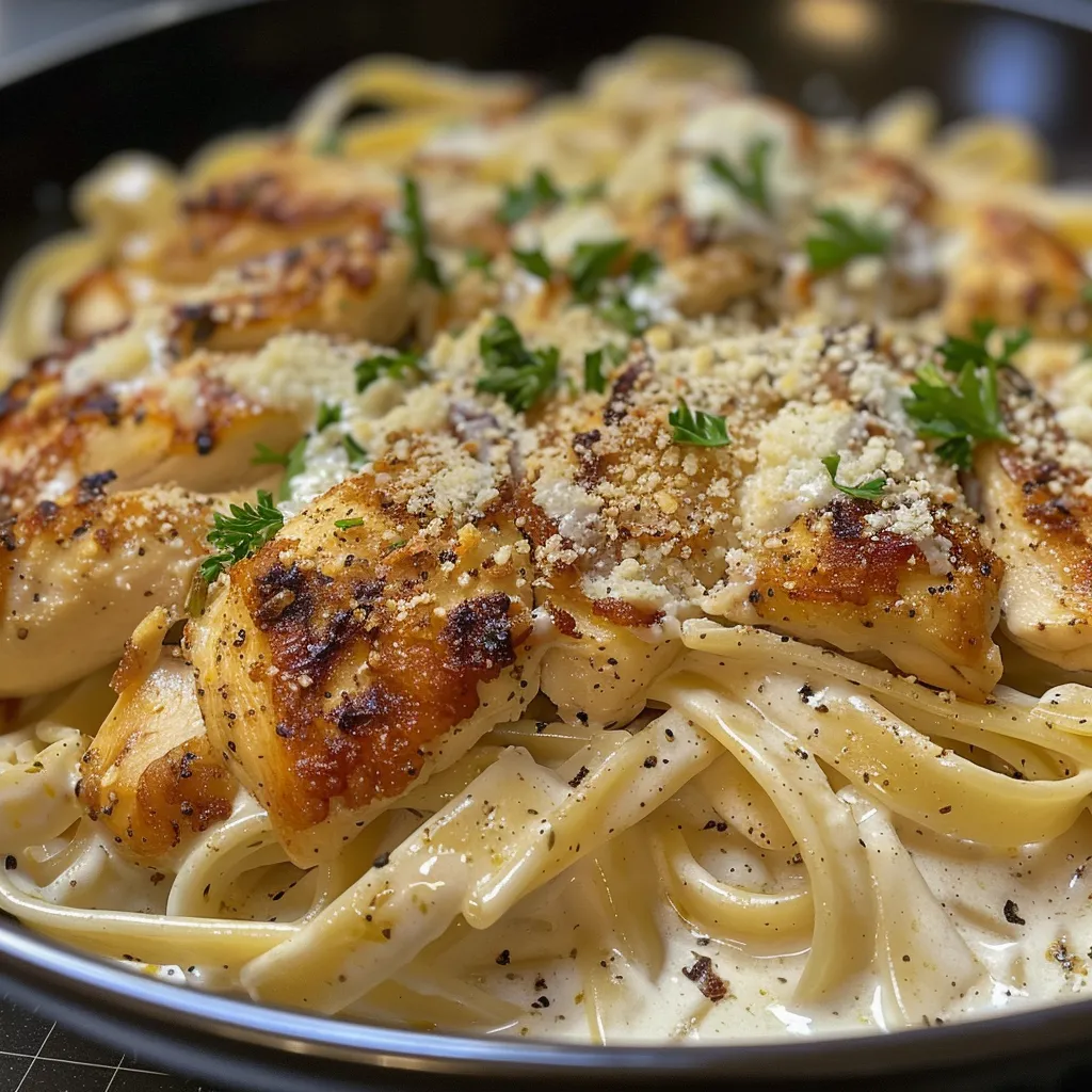 Detalle de Pollo con Salsa Cremosa, mostrando pasta fettuccine y queso Parmesano.