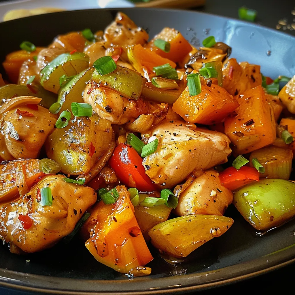 Pollo con verduras frescas en un plato, con colores vibrantes.