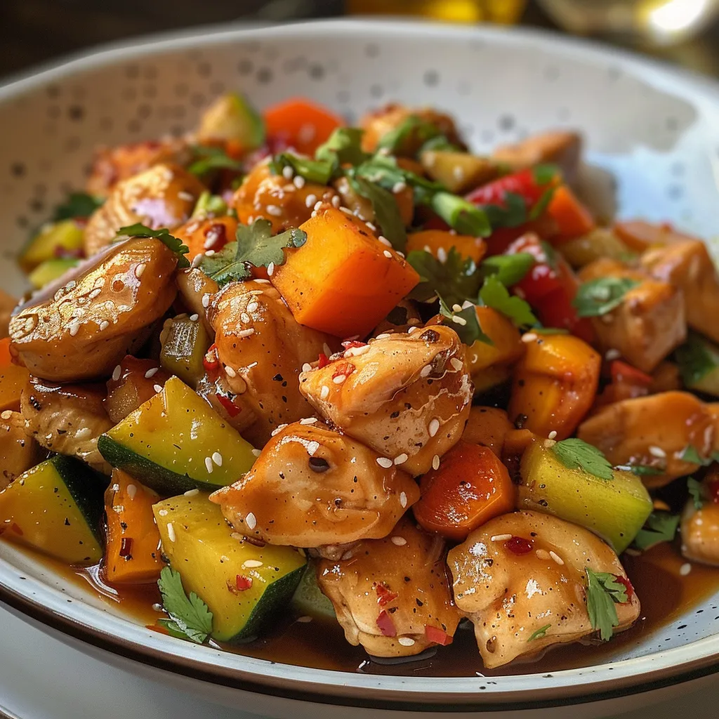 Close-up de una porción de pollo con verduras al estilo chino, mostrando su jugosidad.