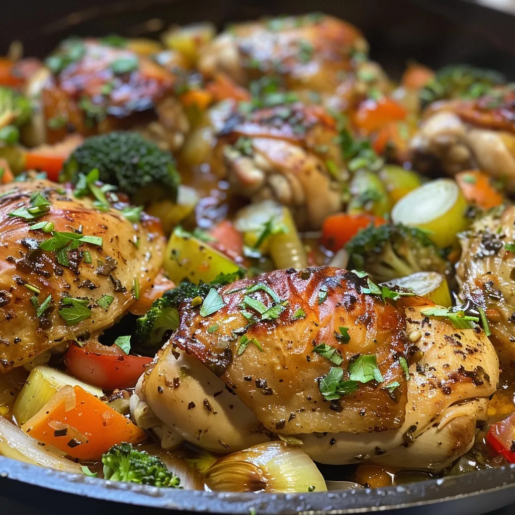 Primer plano de Pollo con Verduras en un plato colorido.