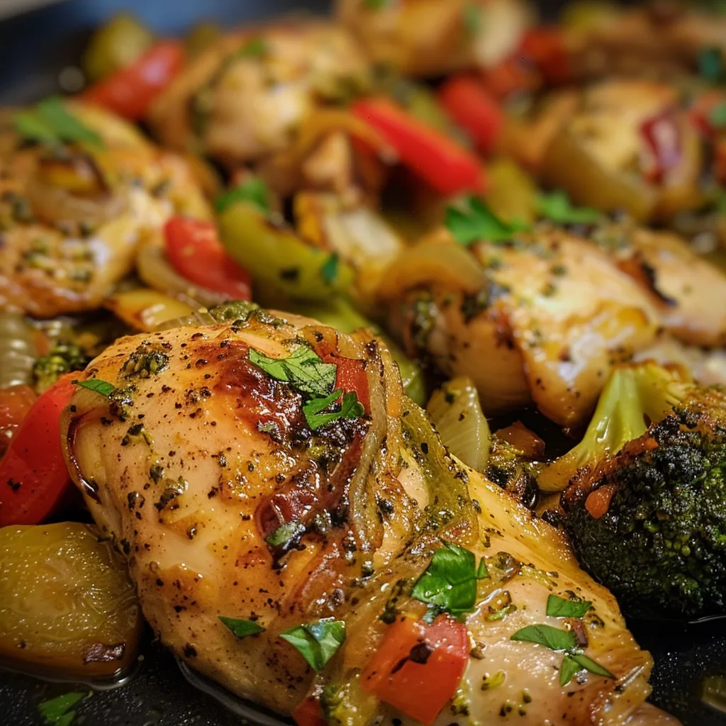 Vista lateral de un plato de Pollo con Verduras, mostrando ingredientes frescos.