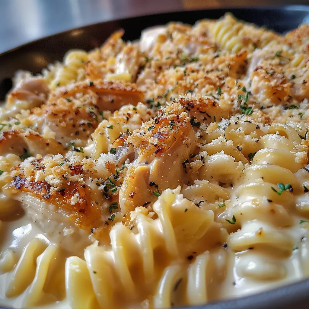 Tiras de pollo en salsa cremosa con pasta rotini, vista lateral.