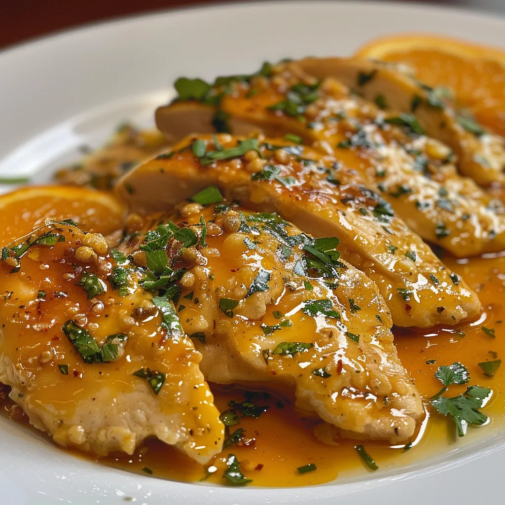 Primer plano de Pollo Crujiente a la Naranja con salsa brillante.