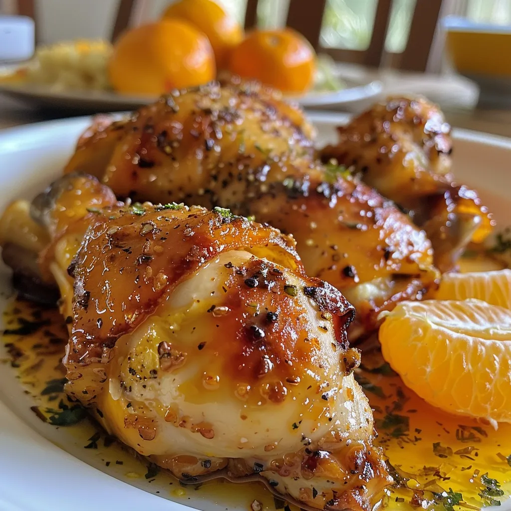 Vista lateral de pollo tierno con glaseado de naranja y semillas de sésamo.