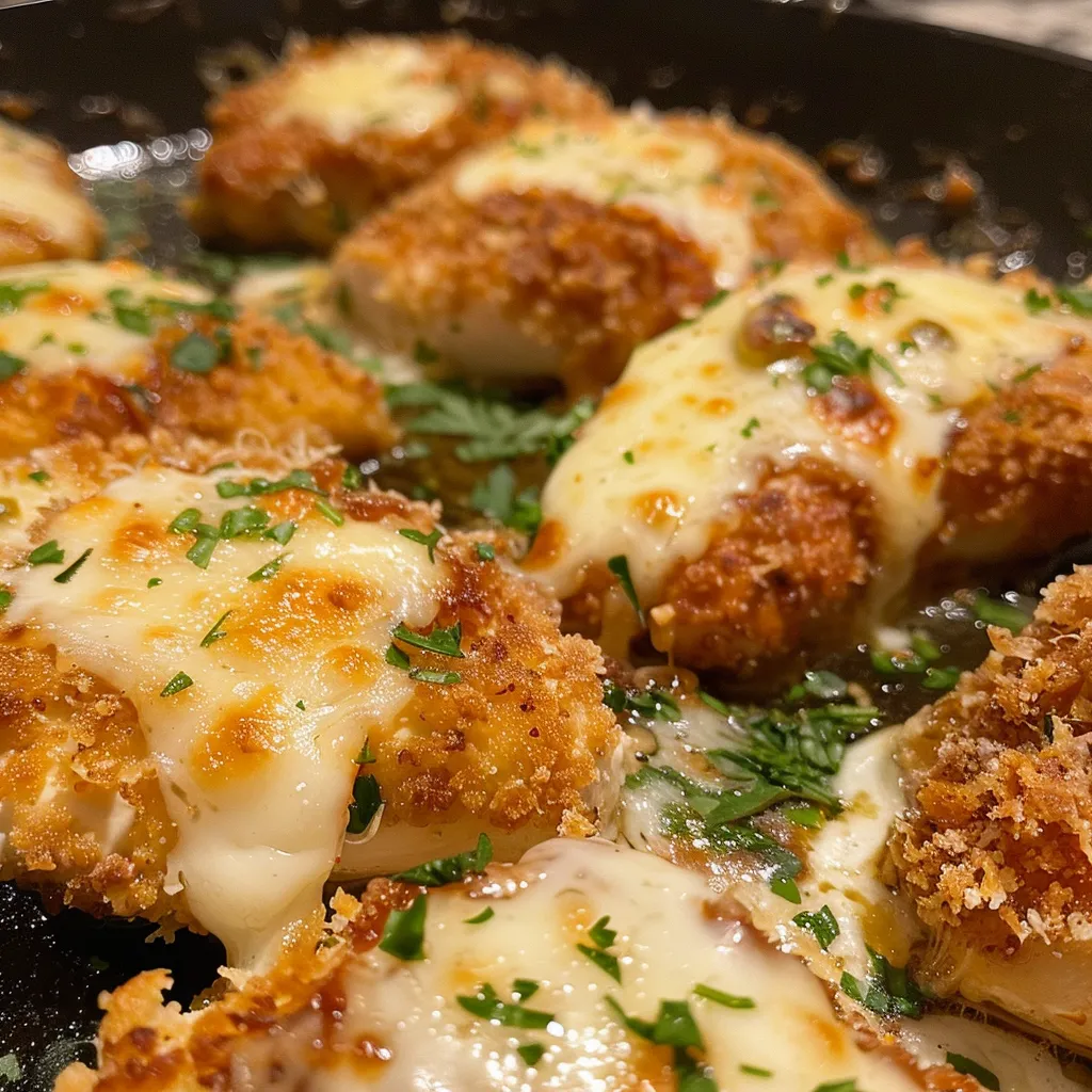 Pollo crustado de parmesano jugoso con salsa cremosa de ajo en un plato.