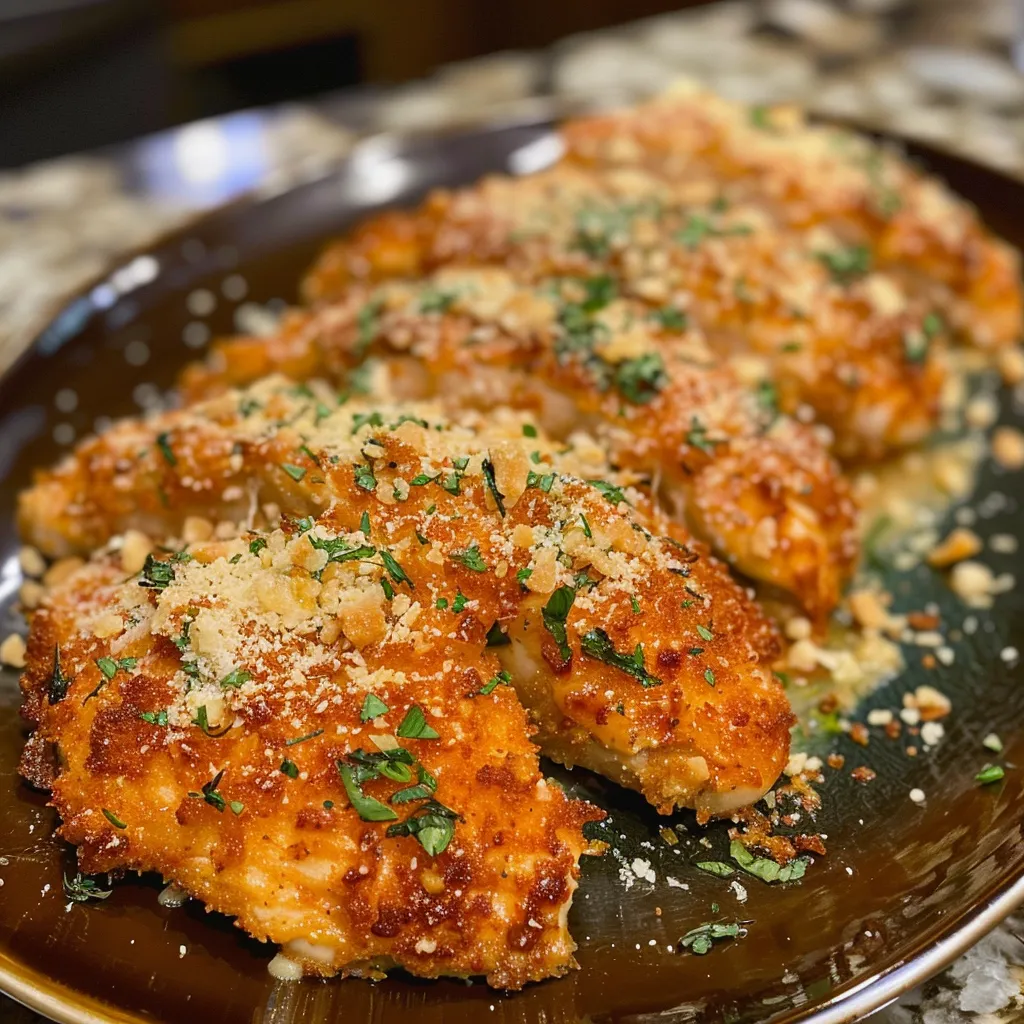 Vista lateral de pechugas de pollo empanizadas con queso parmesano y salsa de ajo.