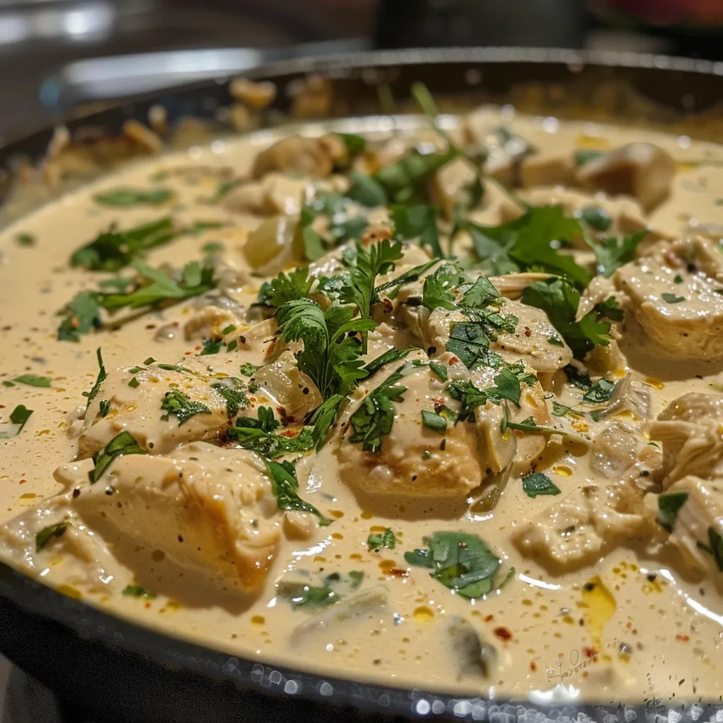 Pollo en Crema Poblana con salsa cremosa y granos de elote.