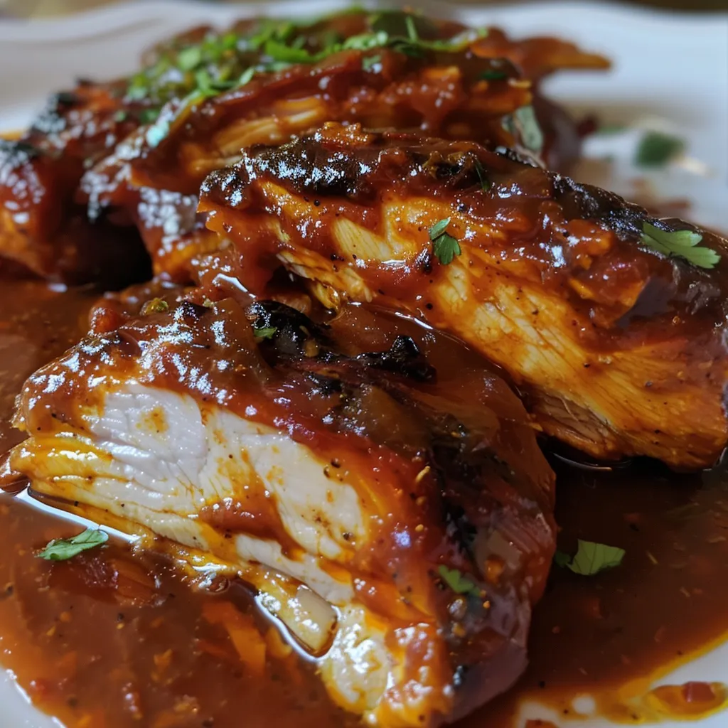 Pollo en salsa BBQ jugoso presentado en un plato con nopales.