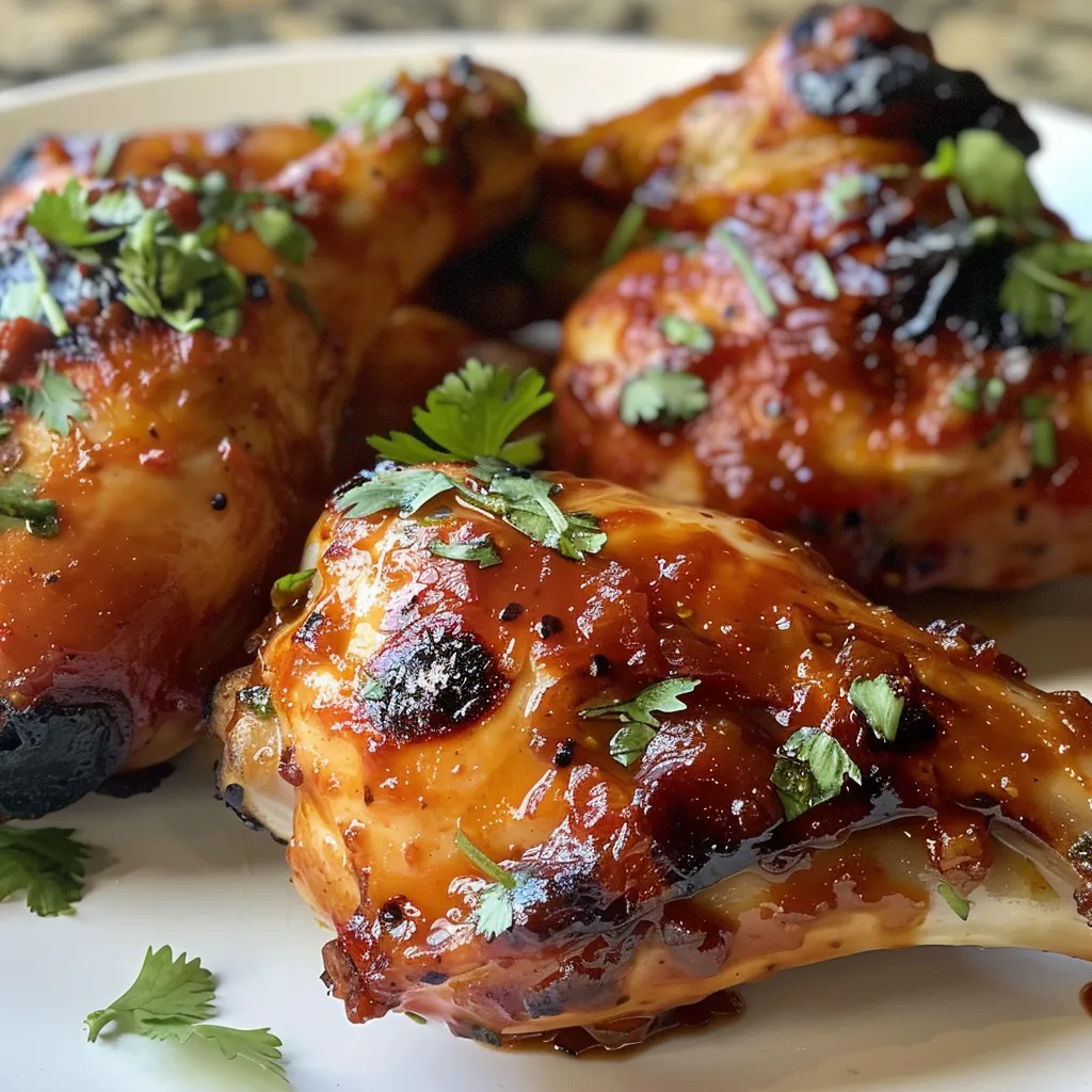 Primer plano de pollo en salsa BBQ con chiles guajillo y cebolla.