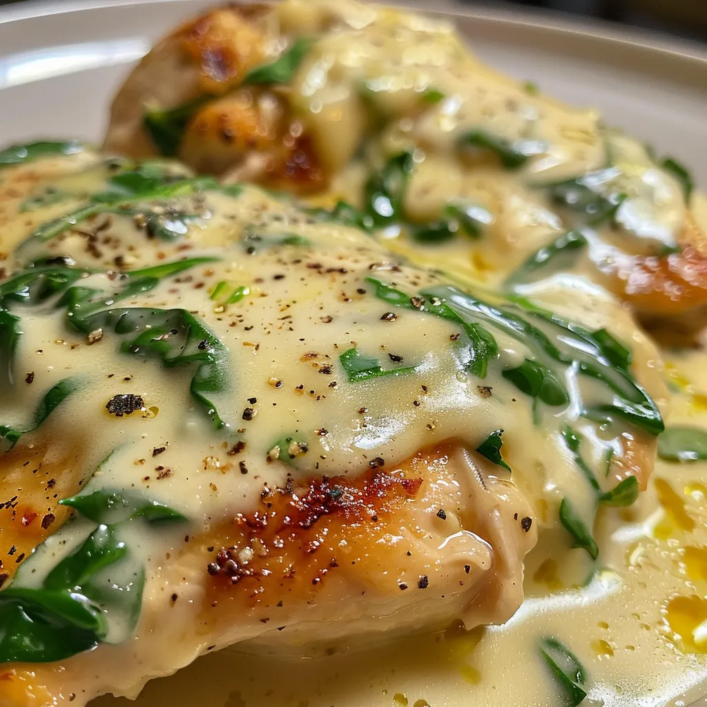 Pollo en salsa cremosa de parmesano y espinacas en un plato.