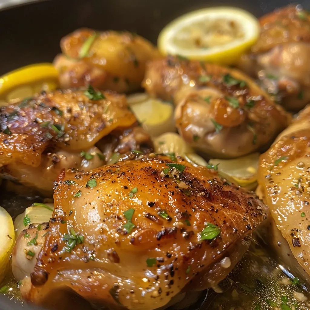 Pechuga de pollo jugosa cubierta con salsa de ajo y limón.