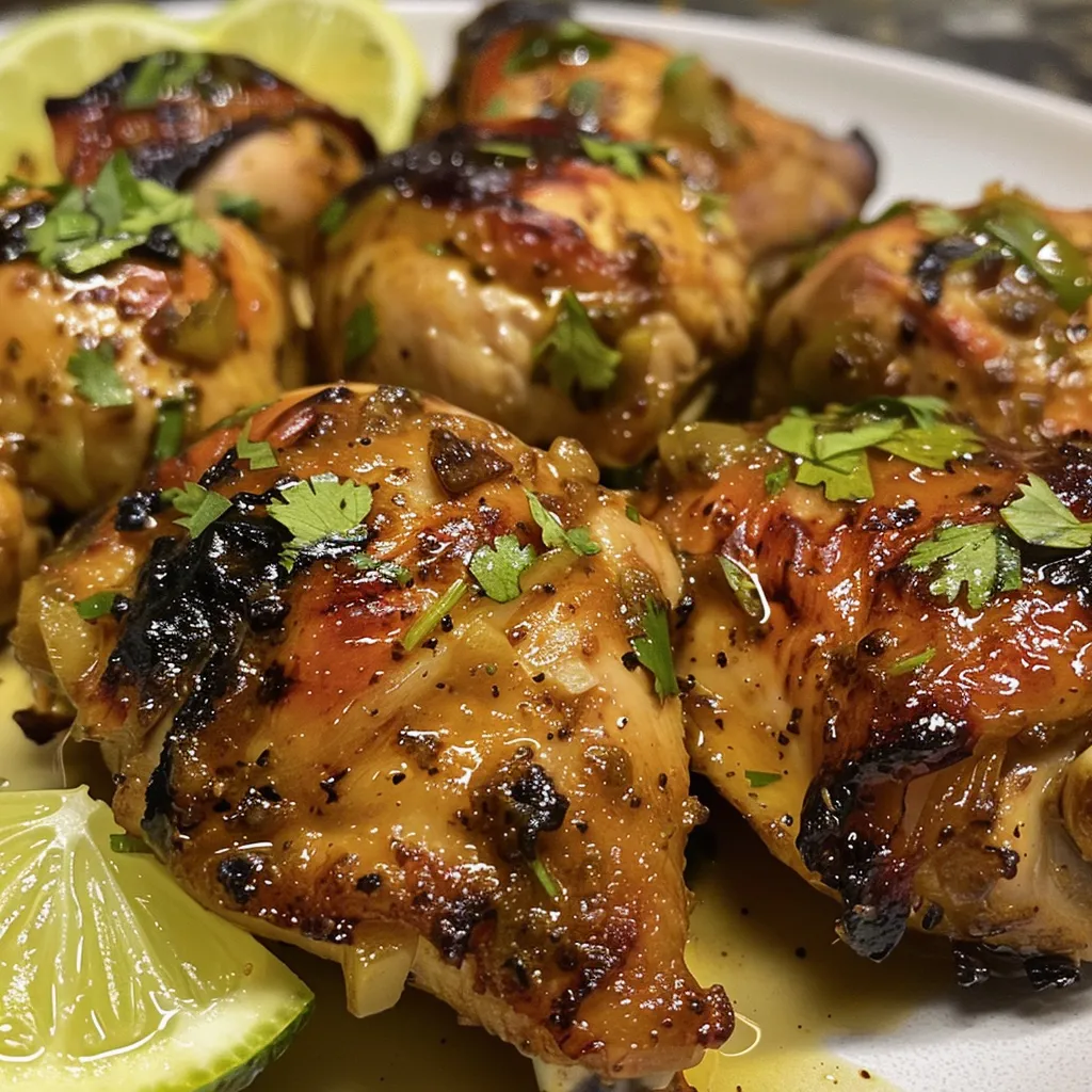 Primer plano de pollo en salsa, mostrando los ingredientes frescos.