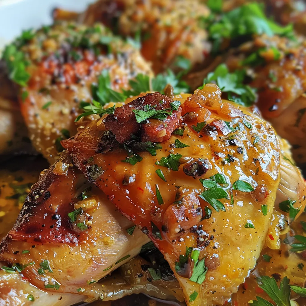 Pollo en salsa de ajo y tomillo servido en un plato, con una textura jugosa y apetecible.