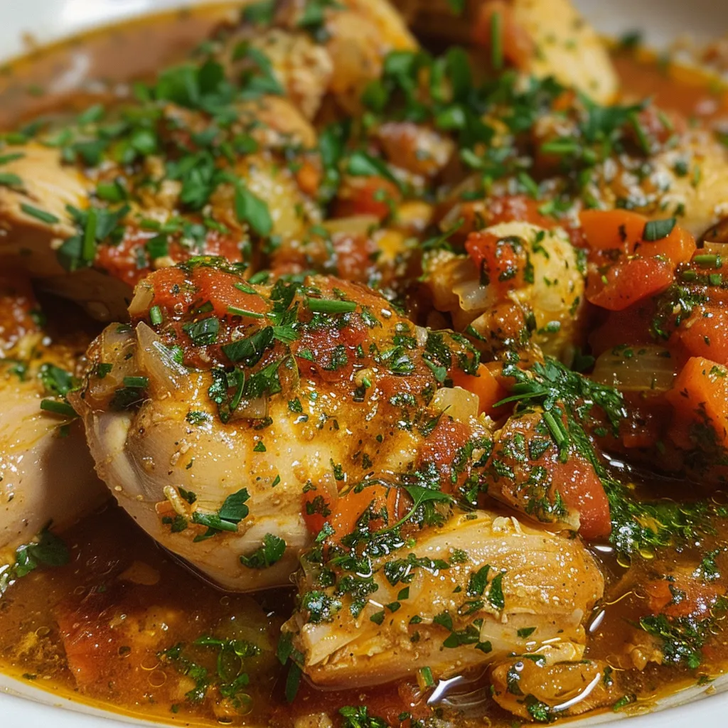 Close up de pollo troceado bañado en salsa de ajo y tomillo, mostrando sus ingredientes frescos.